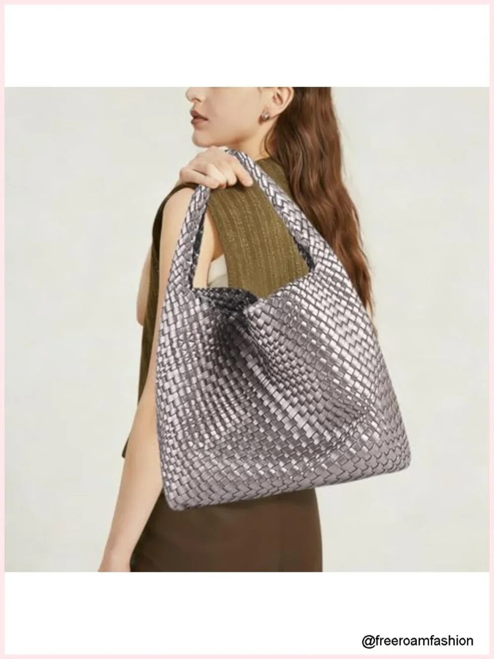 Large Vegan Leather Woven Tote Bag, Casual Work Shoulder Bag